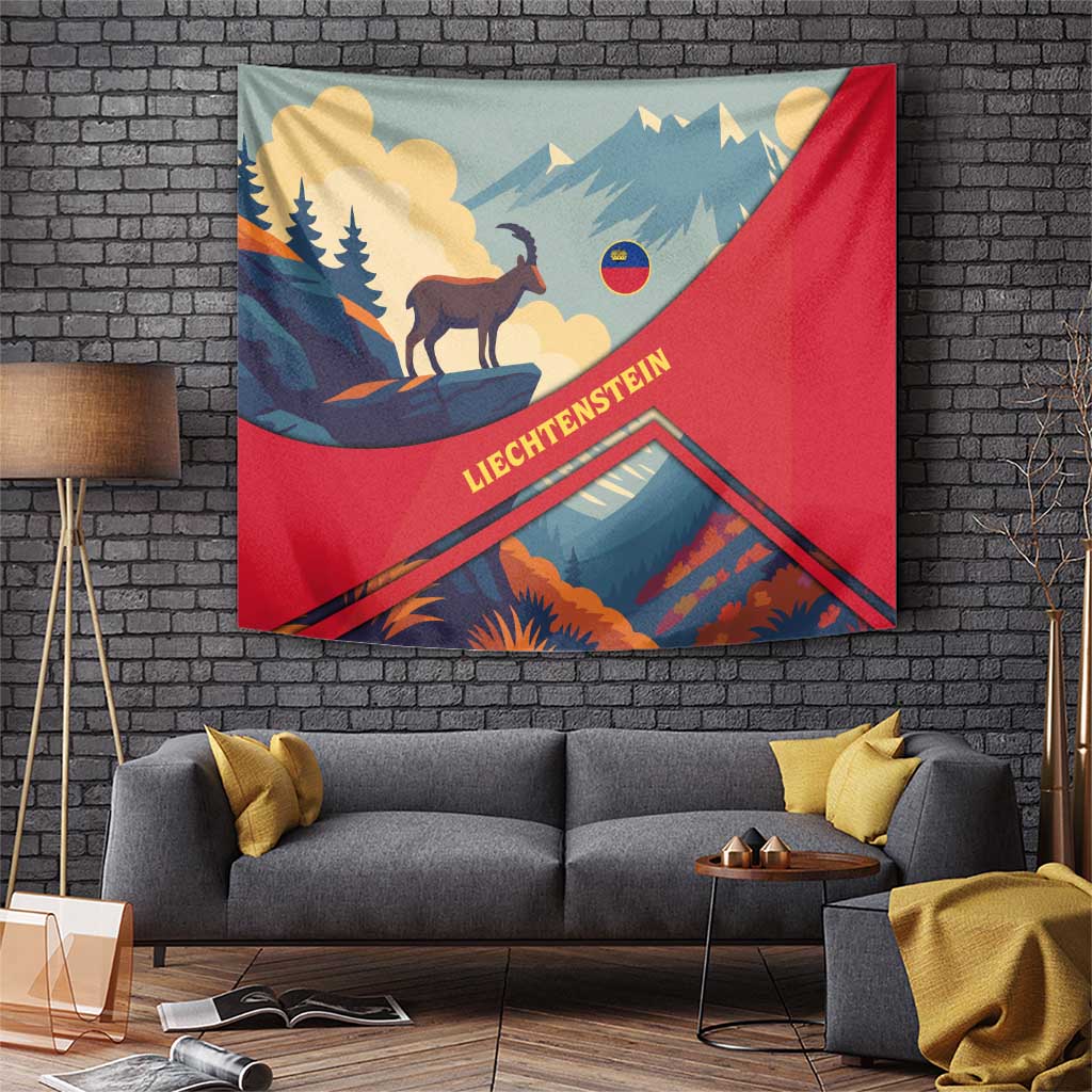 Liechtenstein Tapestry with Mountain Goat Landscape Design and Red Blue Alps - Wonder Print Shop