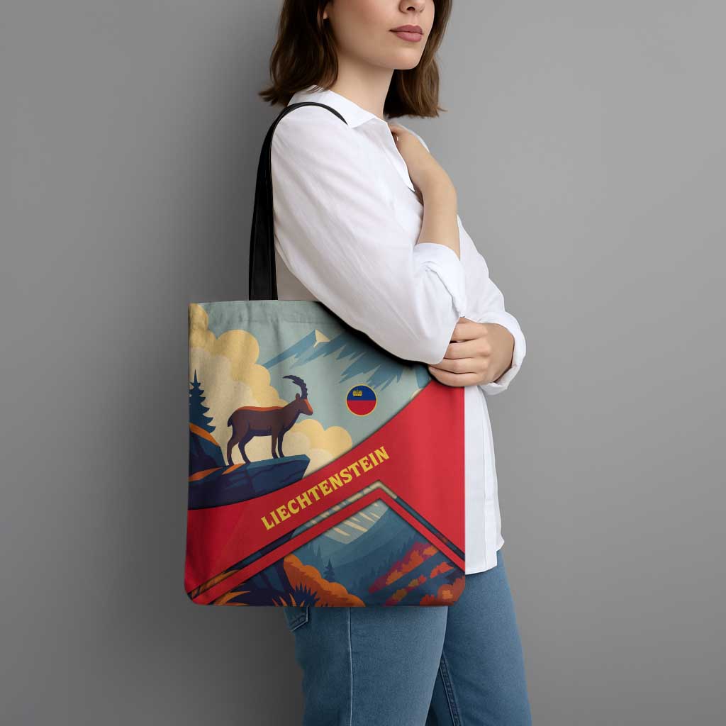 Liechtenstein Tote Bag with Mountain Goat Landscape Design and Red Blue Alps - Wonder Print Shop