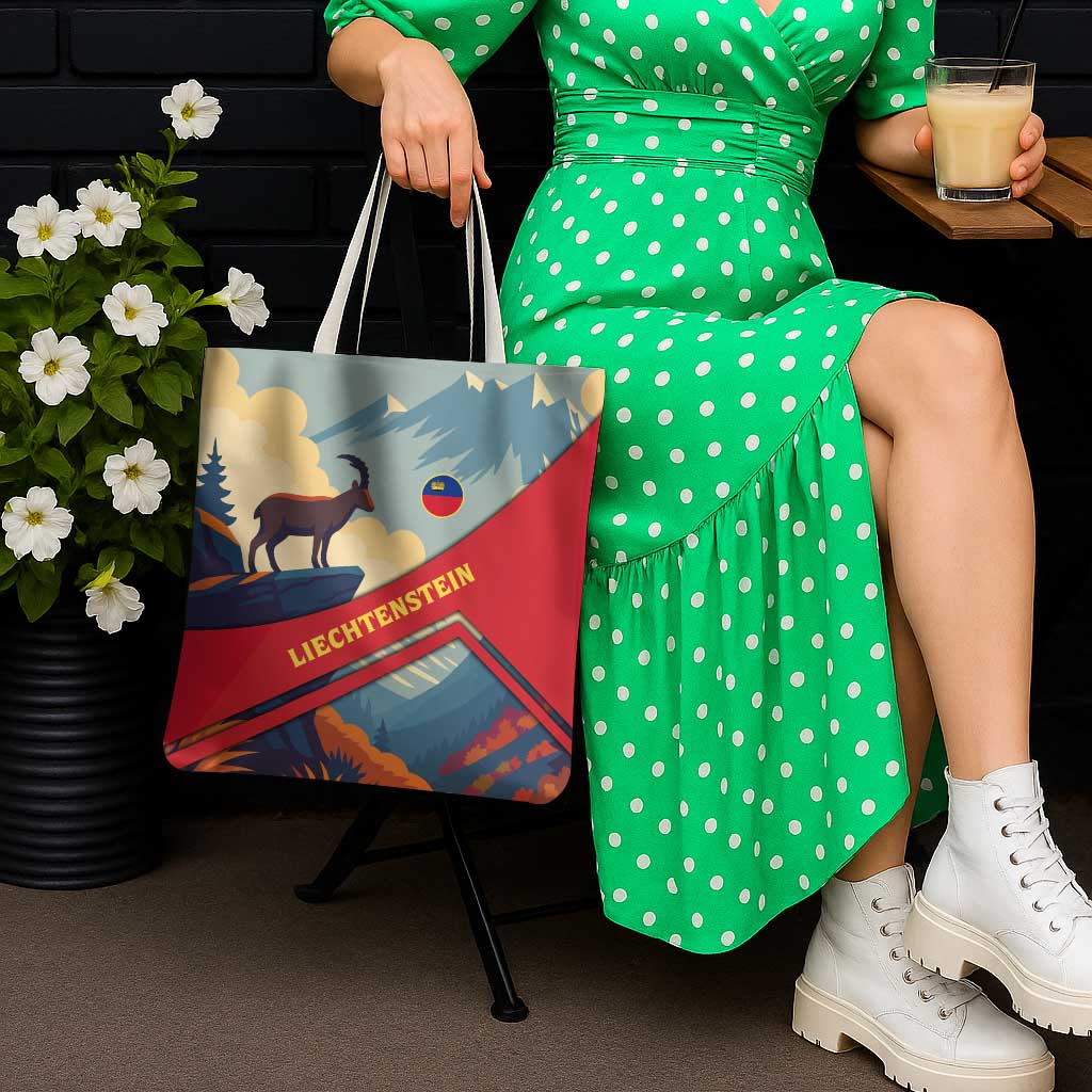 Liechtenstein Tote Bag with Mountain Goat Landscape Design and Red Blue Alps - Wonder Print Shop