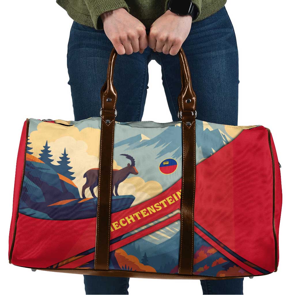 Liechtenstein Travel Bag with Mountain Goat Landscape Design and Red Blue Alps - Wonder Print Shop