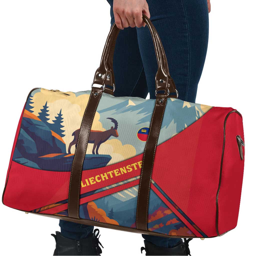Liechtenstein Travel Bag with Mountain Goat Landscape Design and Red Blue Alps - Wonder Print Shop