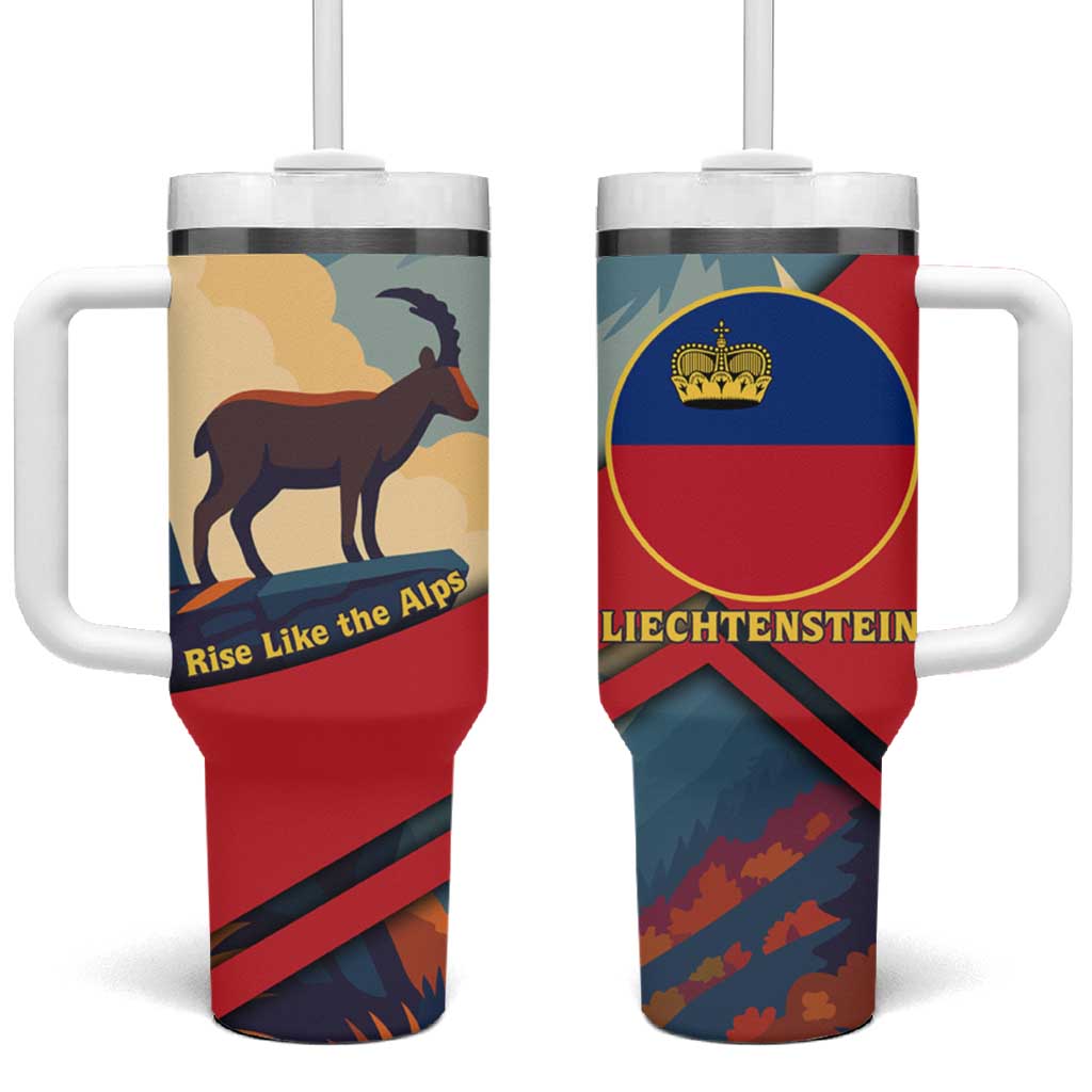 Liechtenstein Tumbler With Handle with Mountain Goat Landscape Design and Red Blue Alps - Wonder Print Shop