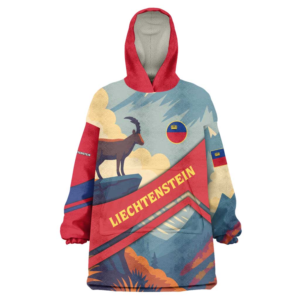 Liechtenstein Wearable Blanket Hoodie with Mountain Goat Landscape Design and Red Blue Alps - Wonder Print Shop