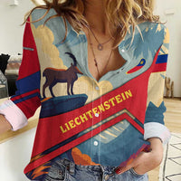 Liechtenstein Women Casual Shirt with Mountain Goat Landscape Design and Red Blue Alps - Wonder Print Shop