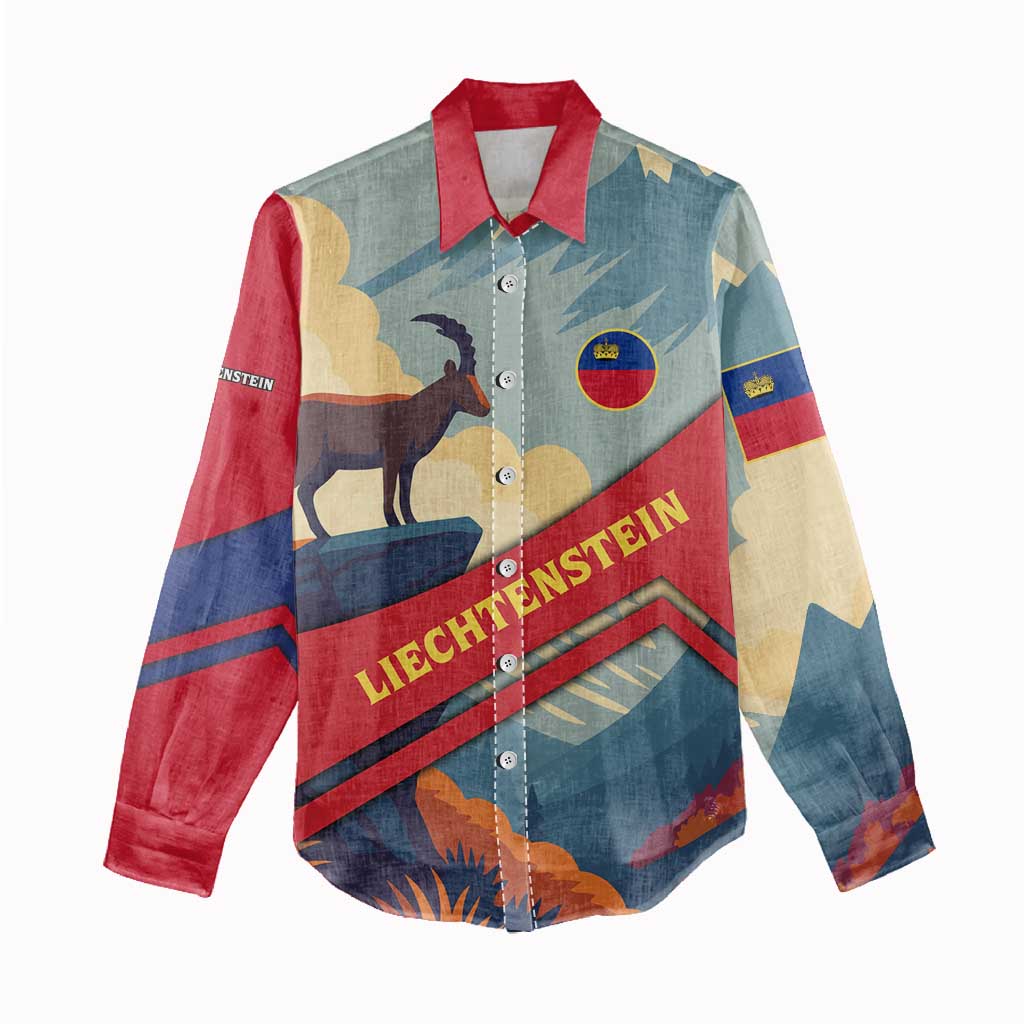 Liechtenstein Women Casual Shirt with Mountain Goat Landscape Design and Red Blue Alps - Wonder Print Shop