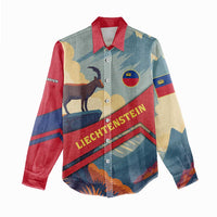 Liechtenstein Women Casual Shirt with Mountain Goat Landscape Design and Red Blue Alps - Wonder Print Shop