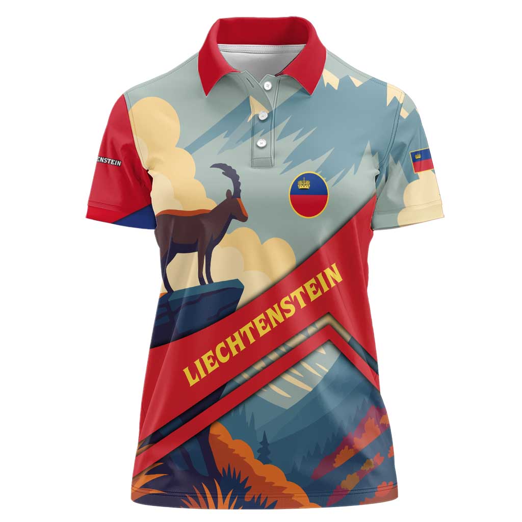 Liechtenstein Women Polo Shirt with Mountain Goat Landscape Design and Red Blue Alps - Wonder Print Shop