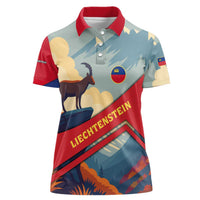 Liechtenstein Women Polo Shirt with Mountain Goat Landscape Design and Red Blue Alps - Wonder Print Shop