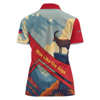 Liechtenstein Women Polo Shirt with Mountain Goat Landscape Design and Red Blue Alps - Wonder Print Shop