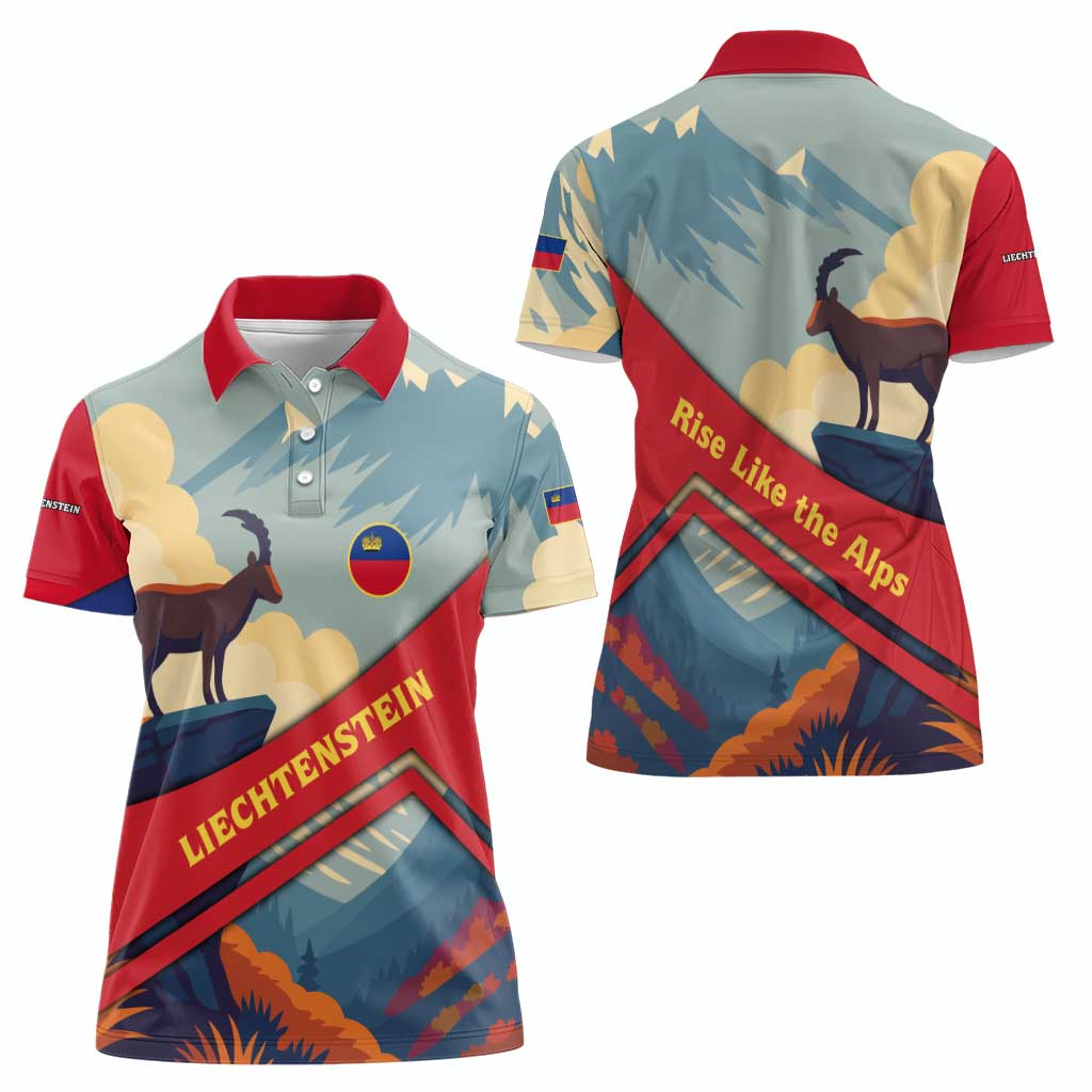 Liechtenstein Women Polo Shirt with Mountain Goat Landscape Design and Red Blue Alps - Wonder Print Shop