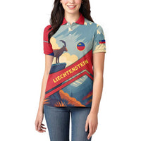 Liechtenstein Women Polo Shirt with Mountain Goat Landscape Design and Red Blue Alps - Wonder Print Shop