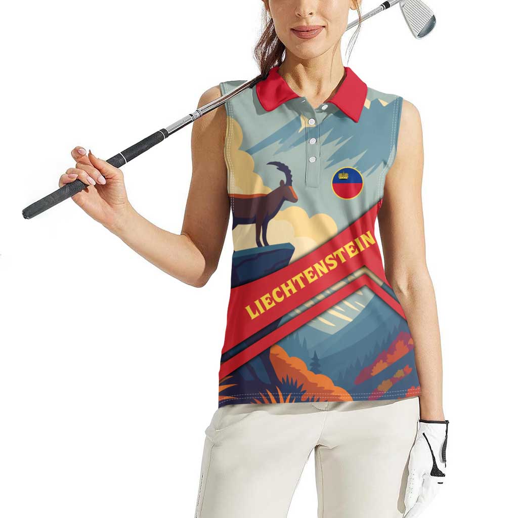 Liechtenstein Women Sleeveless Polo Shirt with Mountain Goat Landscape Design and Red Blue Alps - Wonder Print Shop