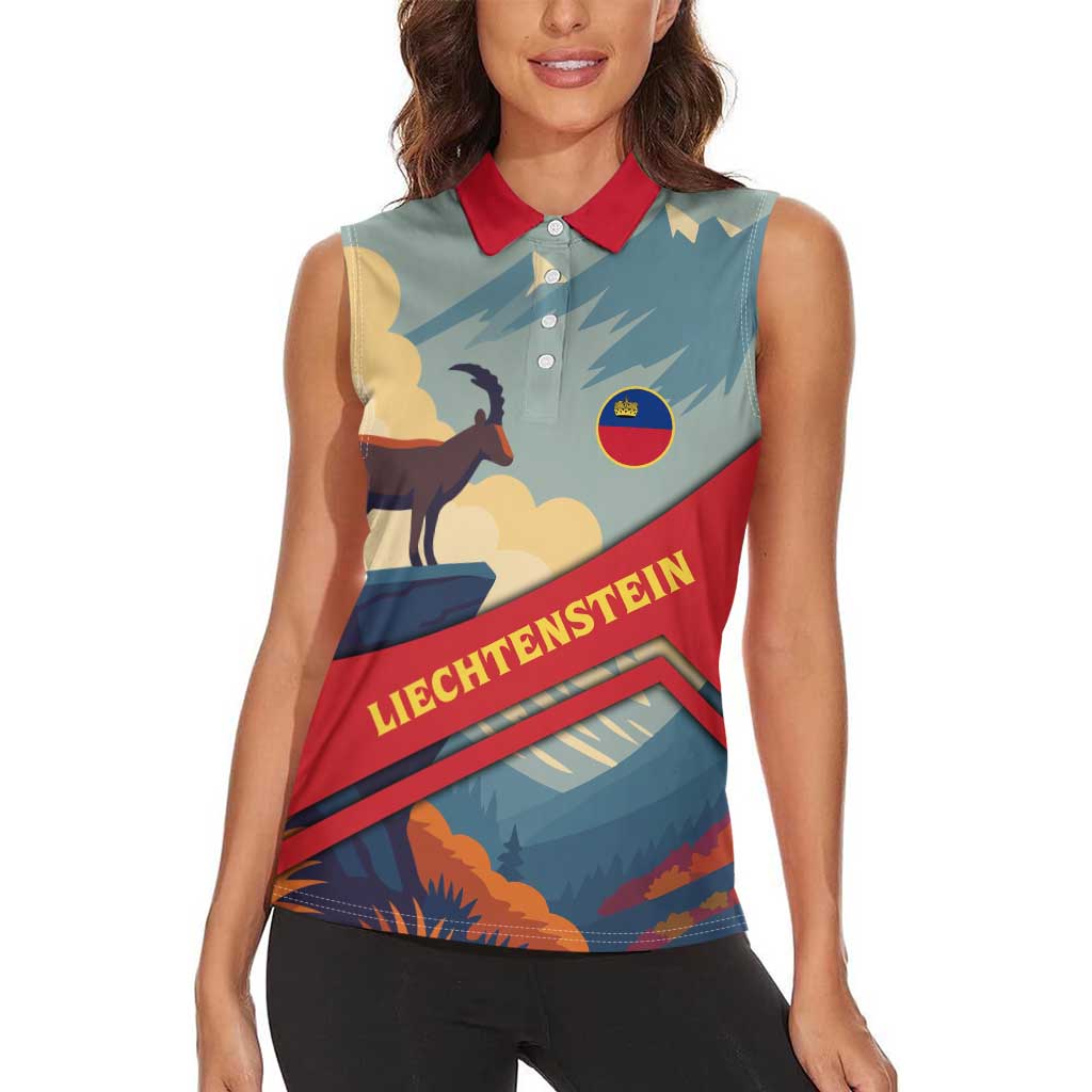 Liechtenstein Women Sleeveless Polo Shirt with Mountain Goat Landscape Design and Red Blue Alps - Wonder Print Shop