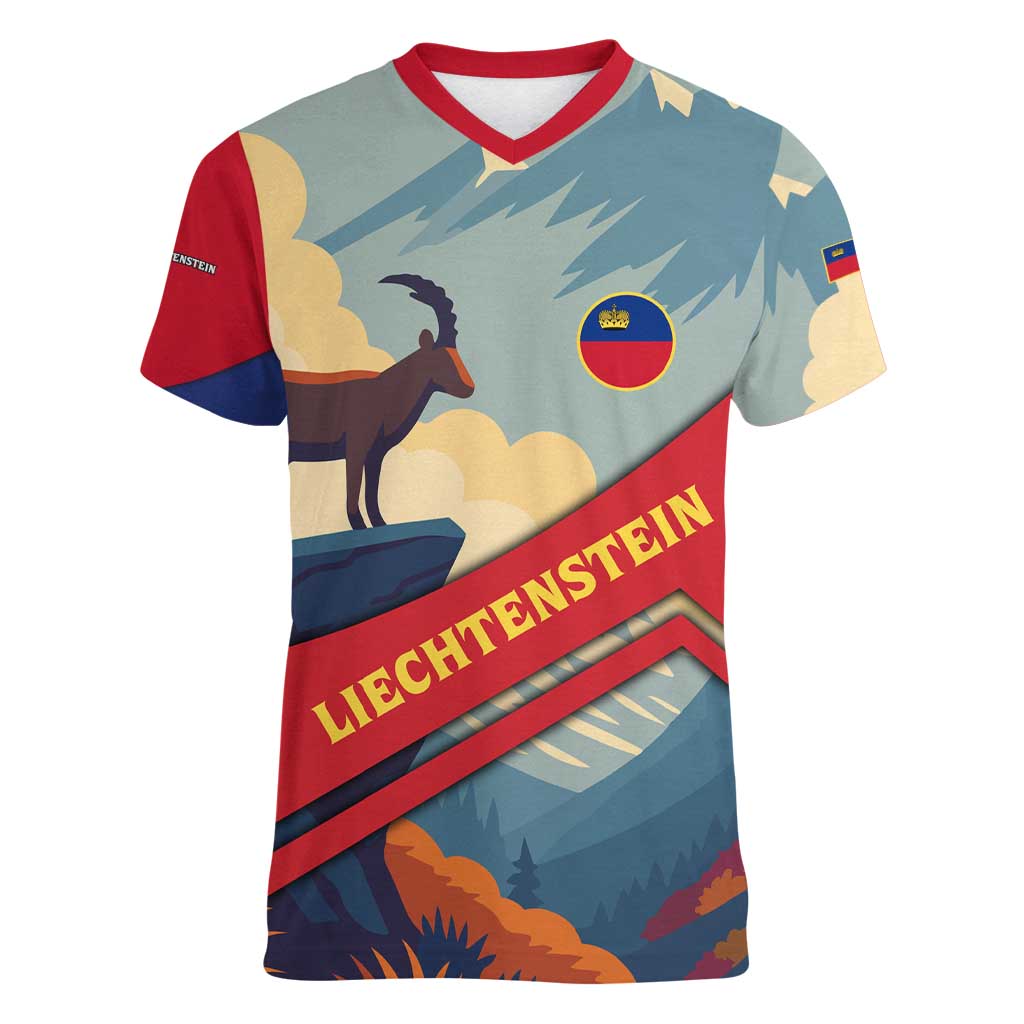 Liechtenstein Women V-Neck T-Shirt with Mountain Goat Landscape Design and Red Blue Alps - Wonder Print Shop