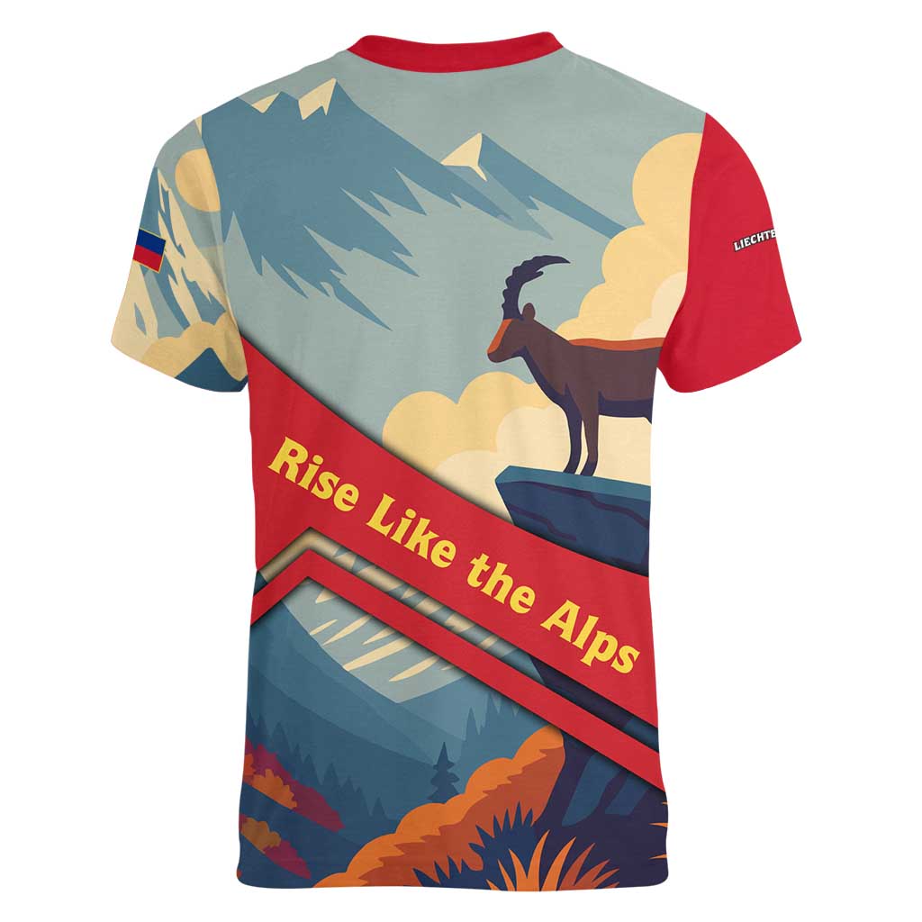 Liechtenstein Women V-Neck T-Shirt with Mountain Goat Landscape Design and Red Blue Alps - Wonder Print Shop