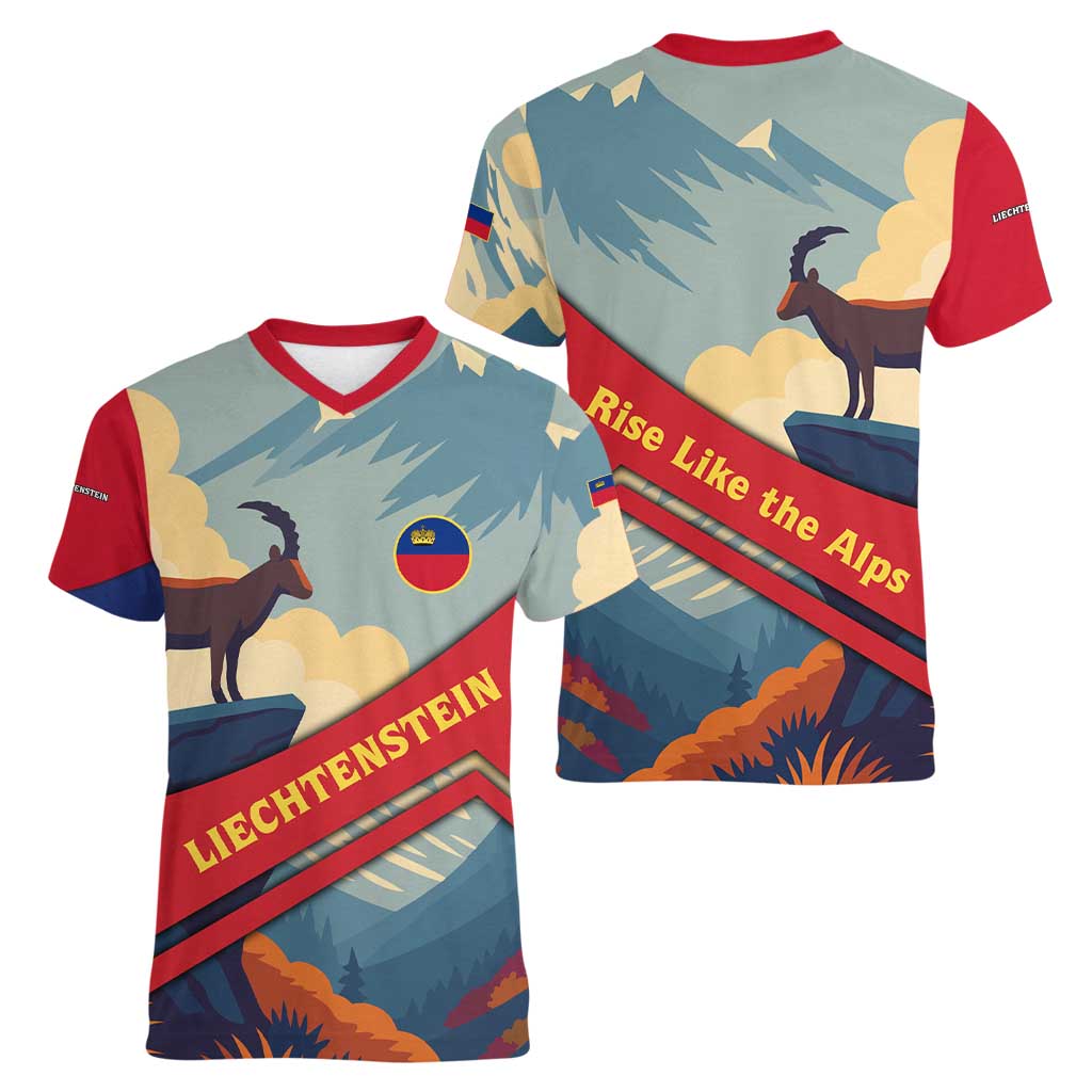 Liechtenstein Women V-Neck T-Shirt with Mountain Goat Landscape Design and Red Blue Alps - Wonder Print Shop