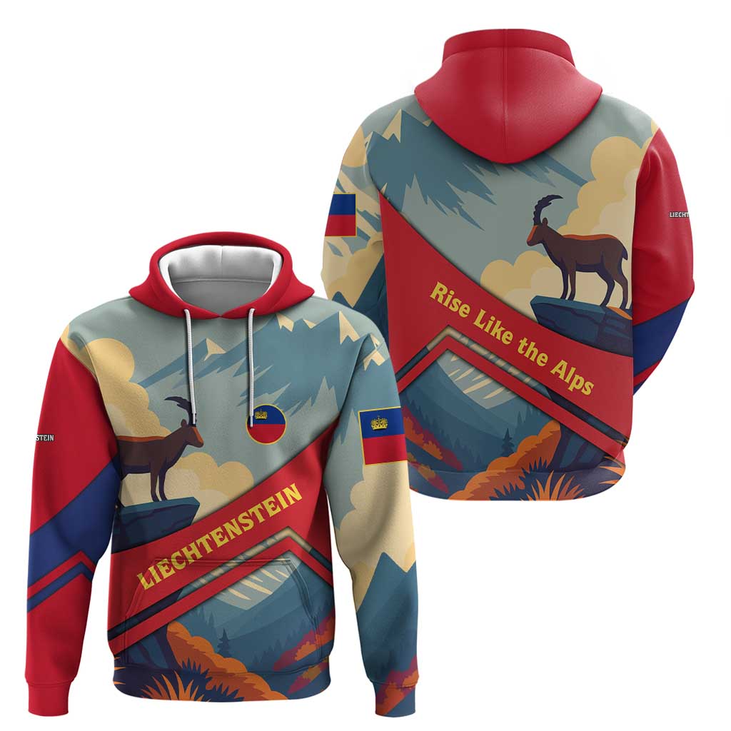 Liechtenstein Zip Hoodie with Mountain Goat Landscape Design and Red Blue Alps - Wonder Print Shop