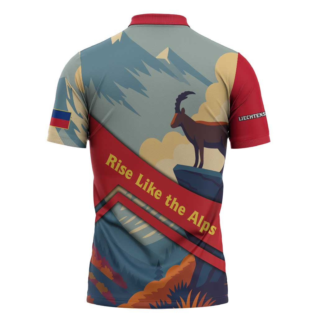 Liechtenstein Zipper Polo Shirt with Mountain Goat Landscape Design and Red Blue Alps - Wonder Print Shop