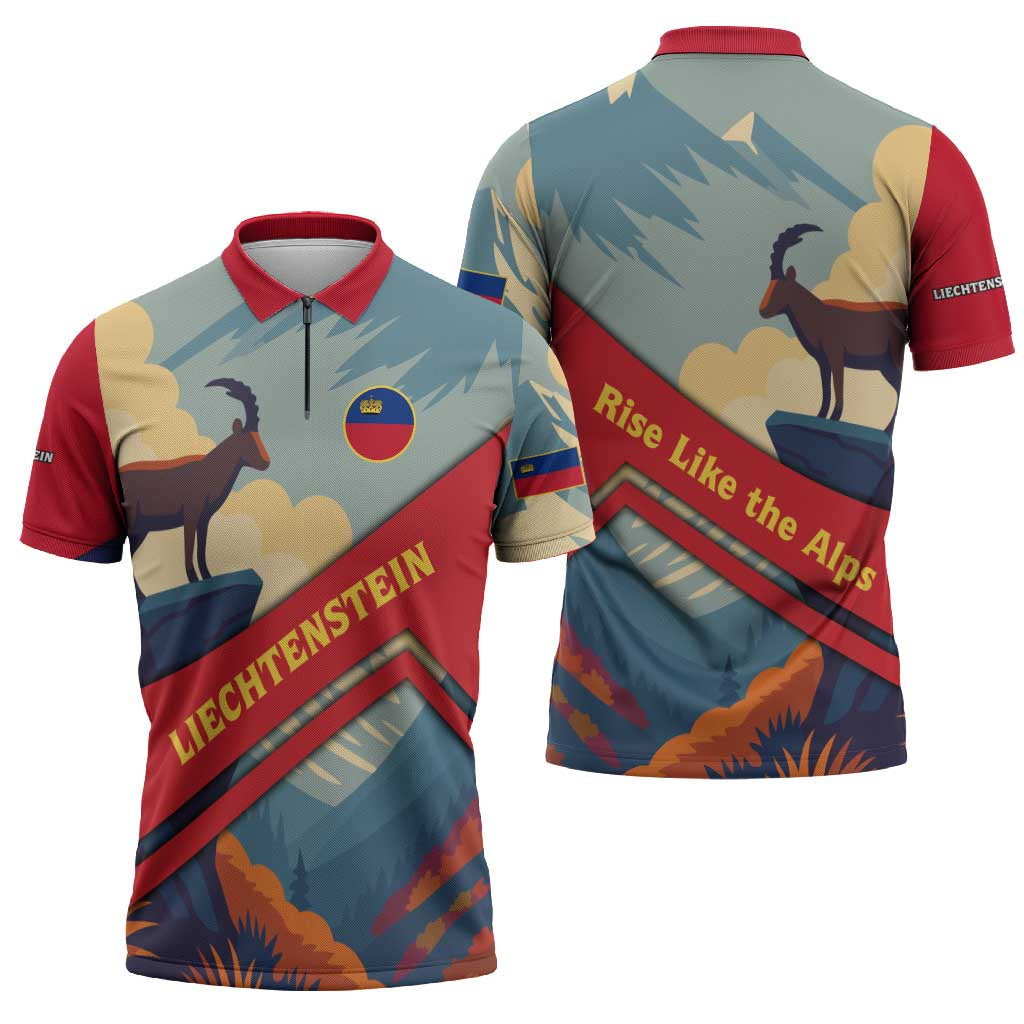 Liechtenstein Zipper Polo Shirt with Mountain Goat Landscape Design and Red Blue Alps - Wonder Print Shop