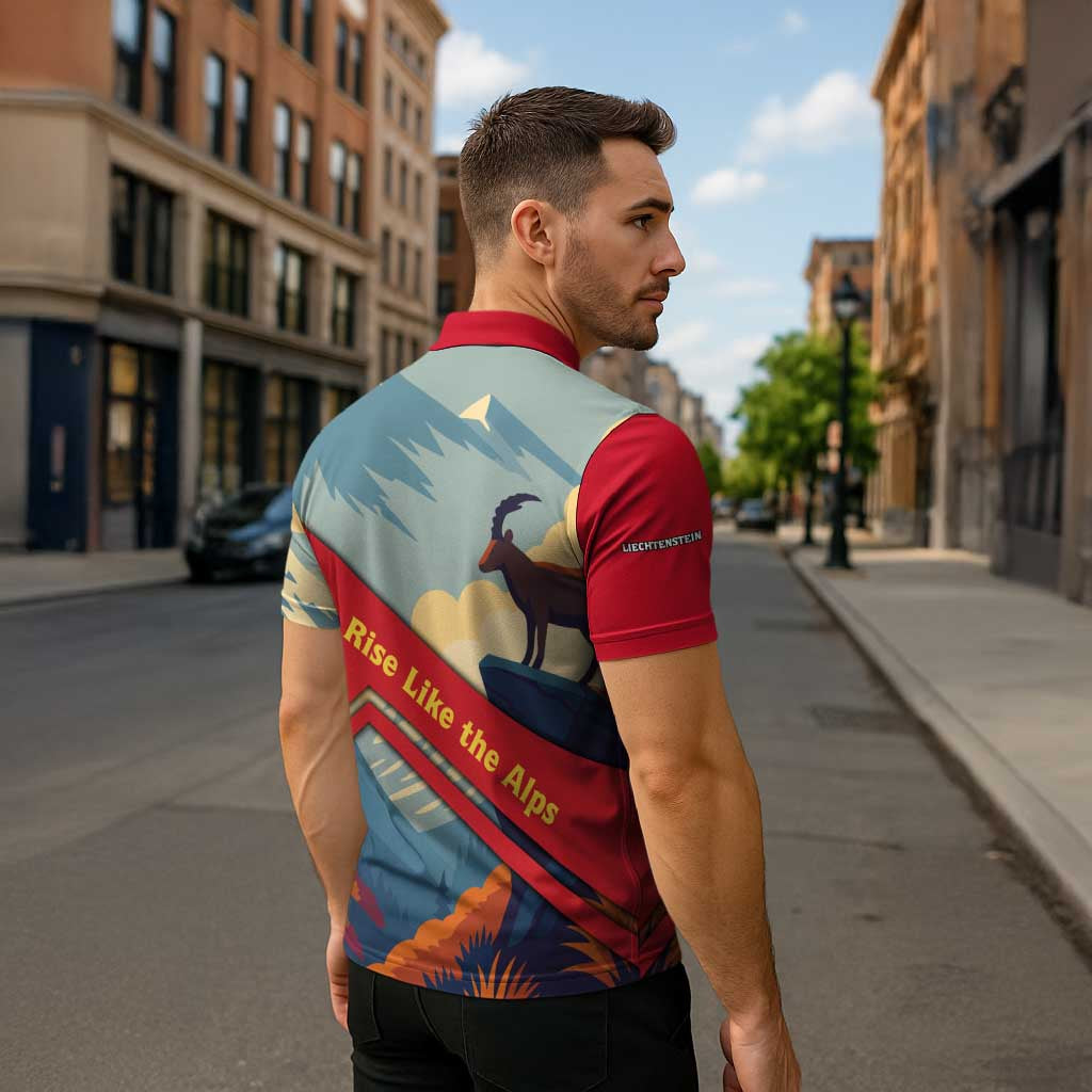 Liechtenstein Zipper Polo Shirt with Mountain Goat Landscape Design and Red Blue Alps - Wonder Print Shop