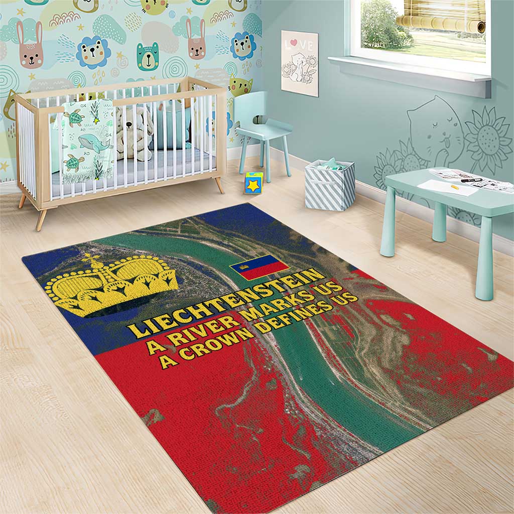 Liechtenstein Area Rug with Red Blue Aerial River Design and Yellow Crown Emblem - Wonder Print Shop