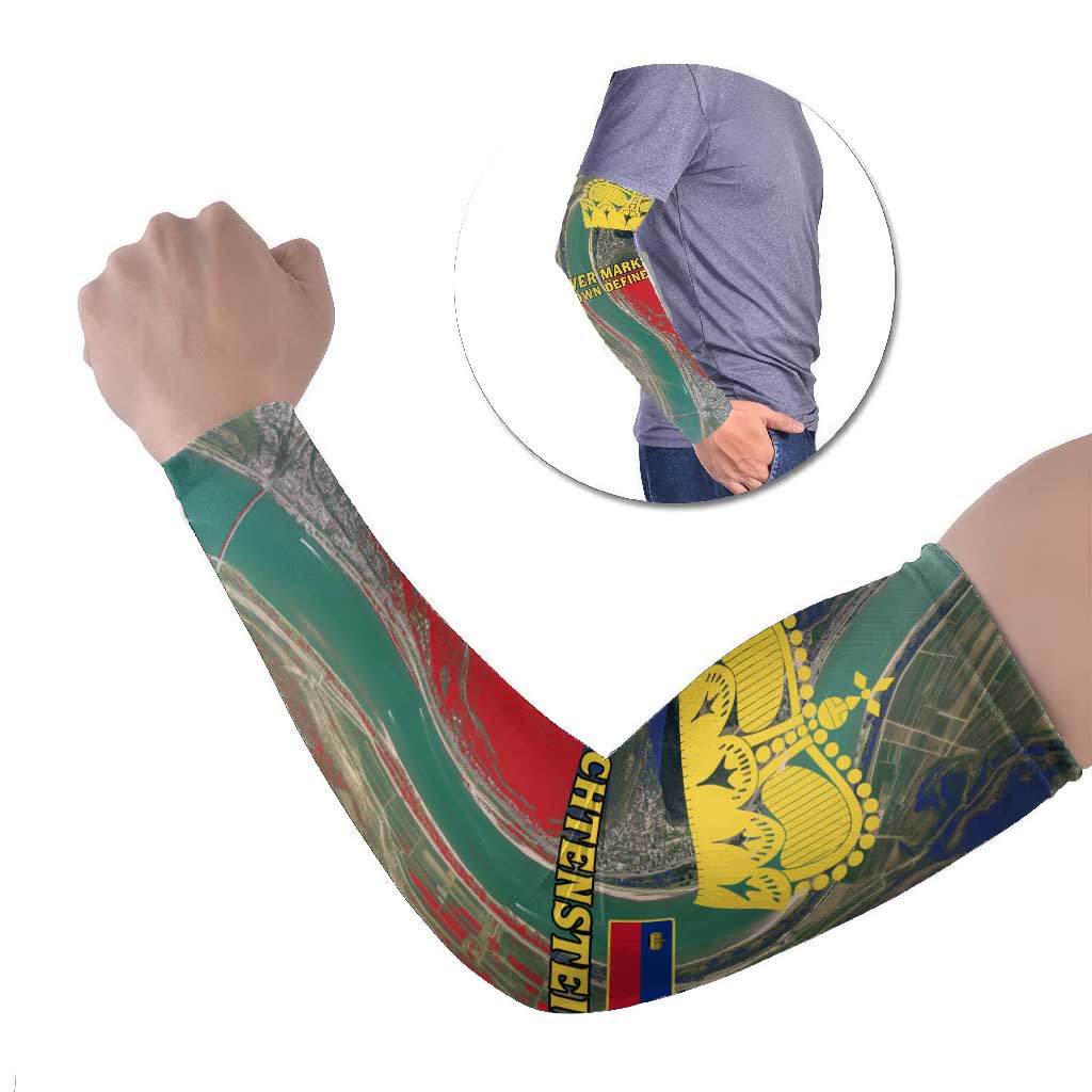 Liechtenstein Arm Sleeves with Red Blue Aerial River Design and Yellow Crown Emblem - Wonder Print Shop