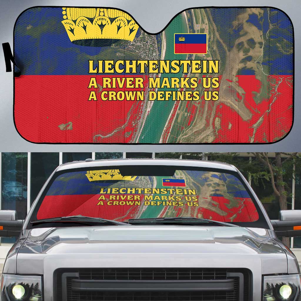 Liechtenstein Auto Sun Shade with Red Blue Aerial River Design and Yellow Crown Emblem - Wonder Print Shop