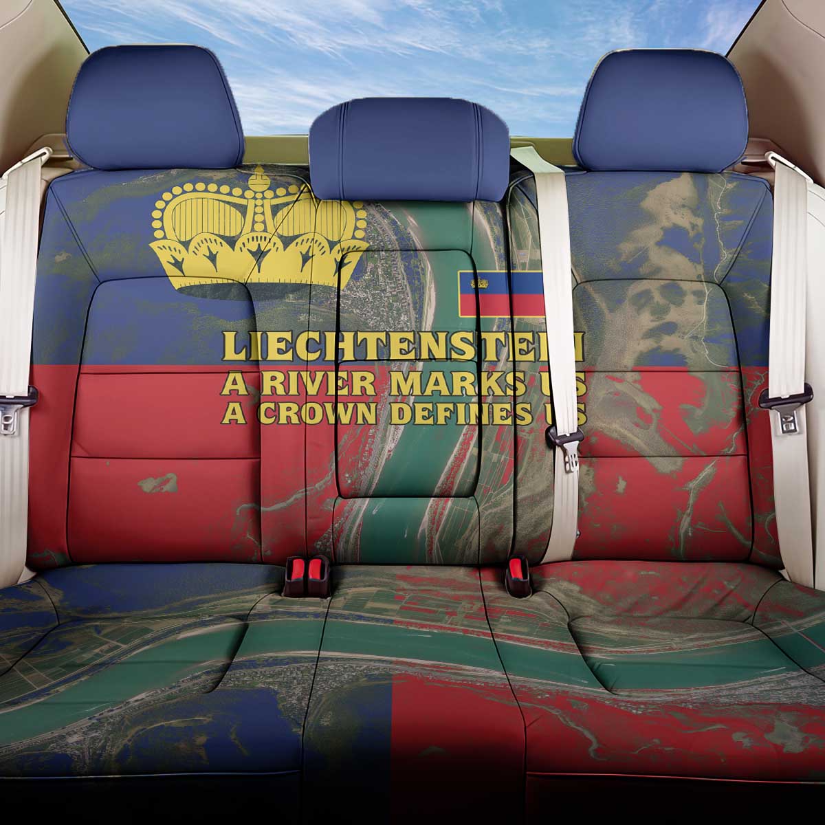 Liechtenstein Back Car Seat Cover with Red Blue Aerial River Design and Yellow Crown Emblem - Wonder Print Shop