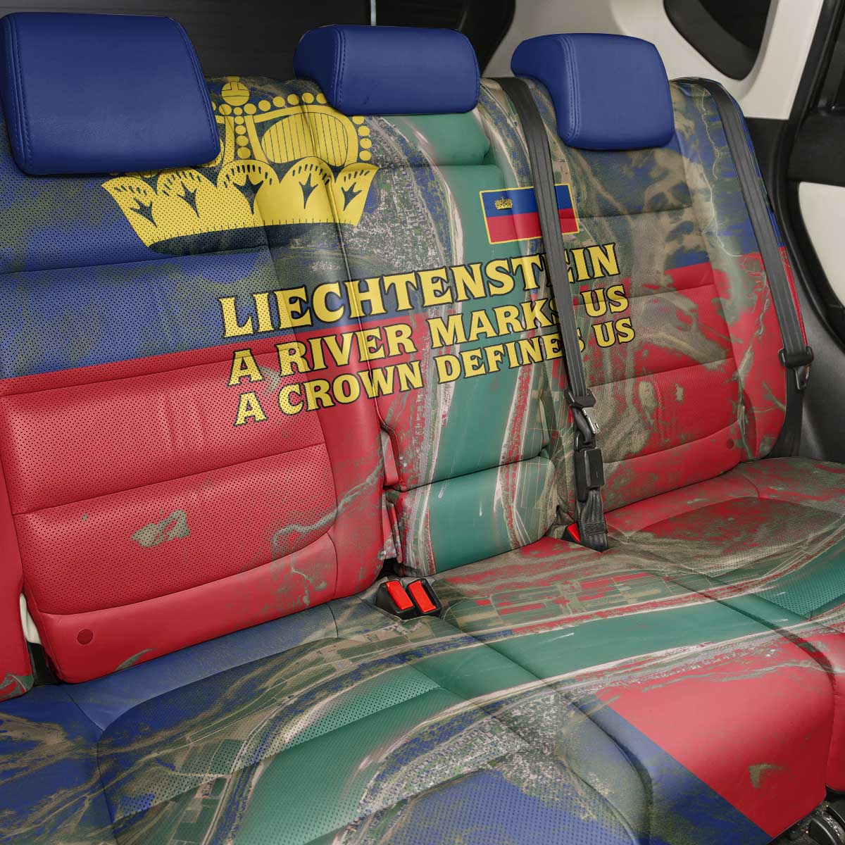 Liechtenstein Back Car Seat Cover with Red Blue Aerial River Design and Yellow Crown Emblem - Wonder Print Shop