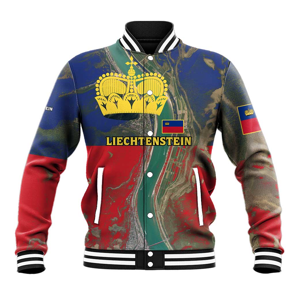 Liechtenstein Baseball Jacket with Red Blue Aerial River Design and Yellow Crown Emblem - Wonder Print Shop