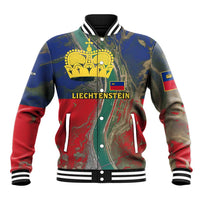 Liechtenstein Baseball Jacket with Red Blue Aerial River Design and Yellow Crown Emblem - Wonder Print Shop