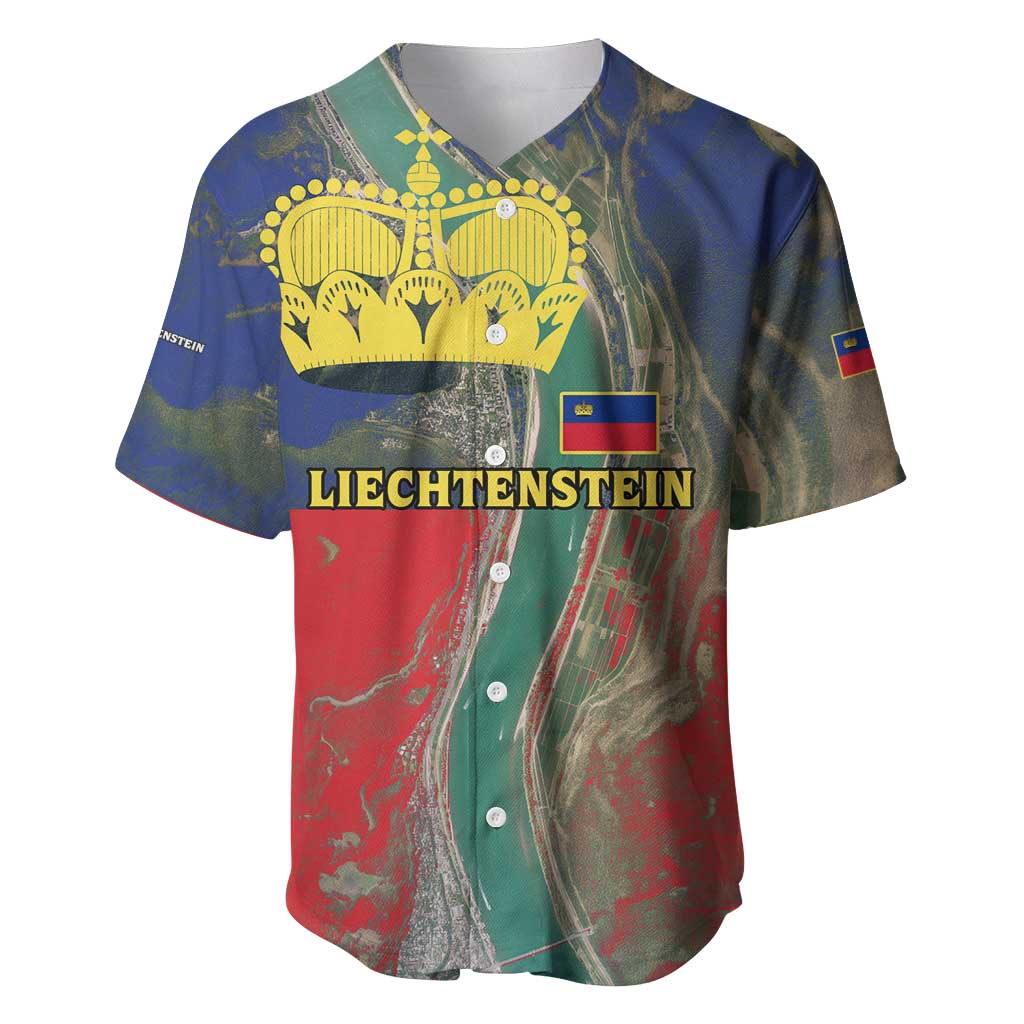 Liechtenstein Baseball Jersey with Red Blue Aerial River Design and Yellow Crown Emblem - Wonder Print Shop