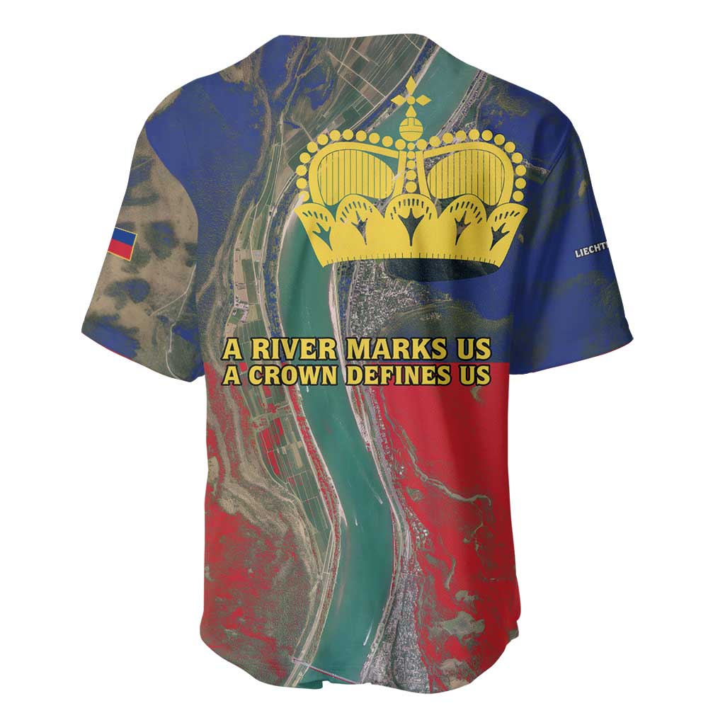 Liechtenstein Baseball Jersey with Red Blue Aerial River Design and Yellow Crown Emblem - Wonder Print Shop