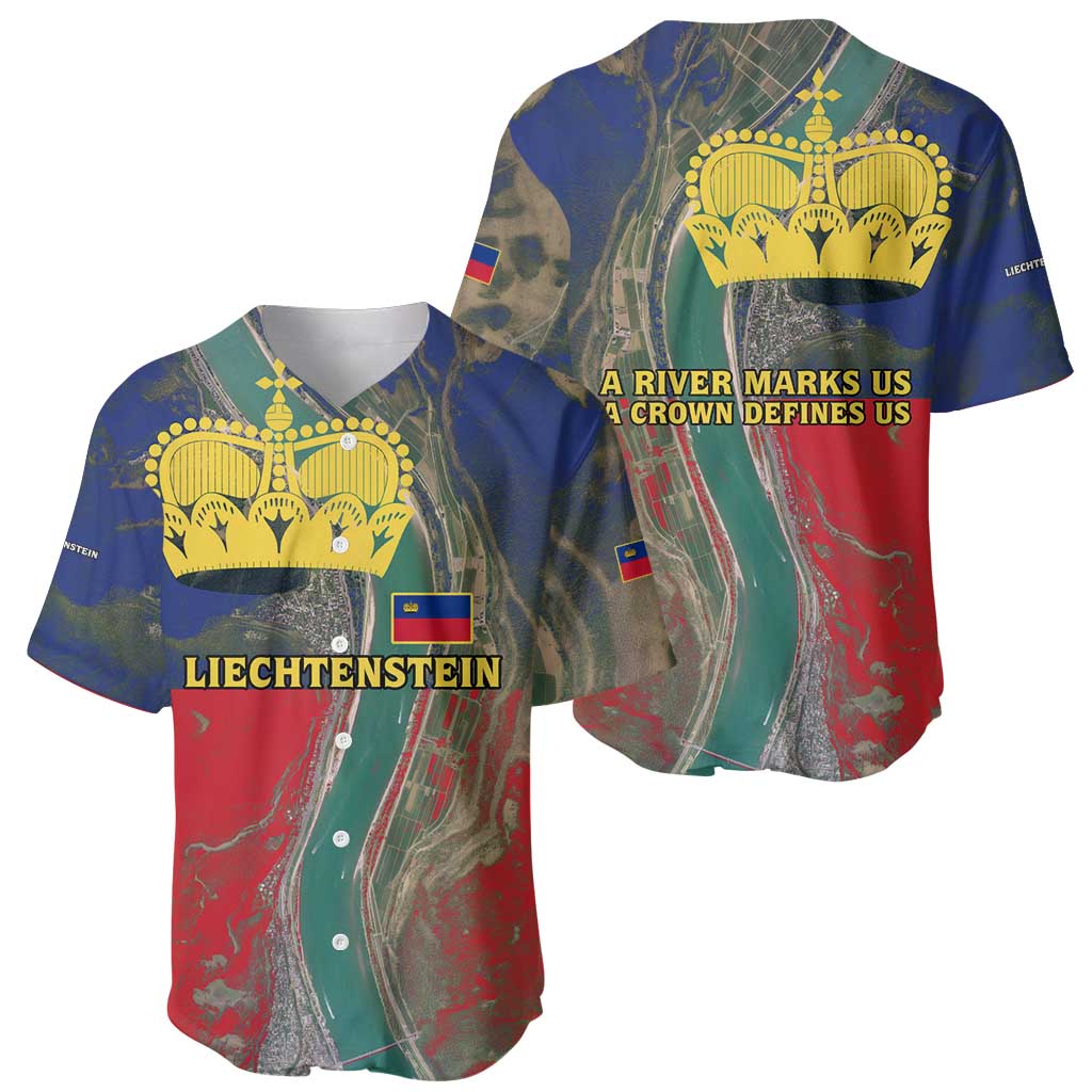 Liechtenstein Baseball Jersey with Red Blue Aerial River Design and Yellow Crown Emblem - Wonder Print Shop