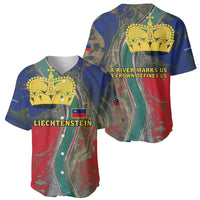 Liechtenstein Baseball Jersey with Red Blue Aerial River Design and Yellow Crown Emblem - Wonder Print Shop