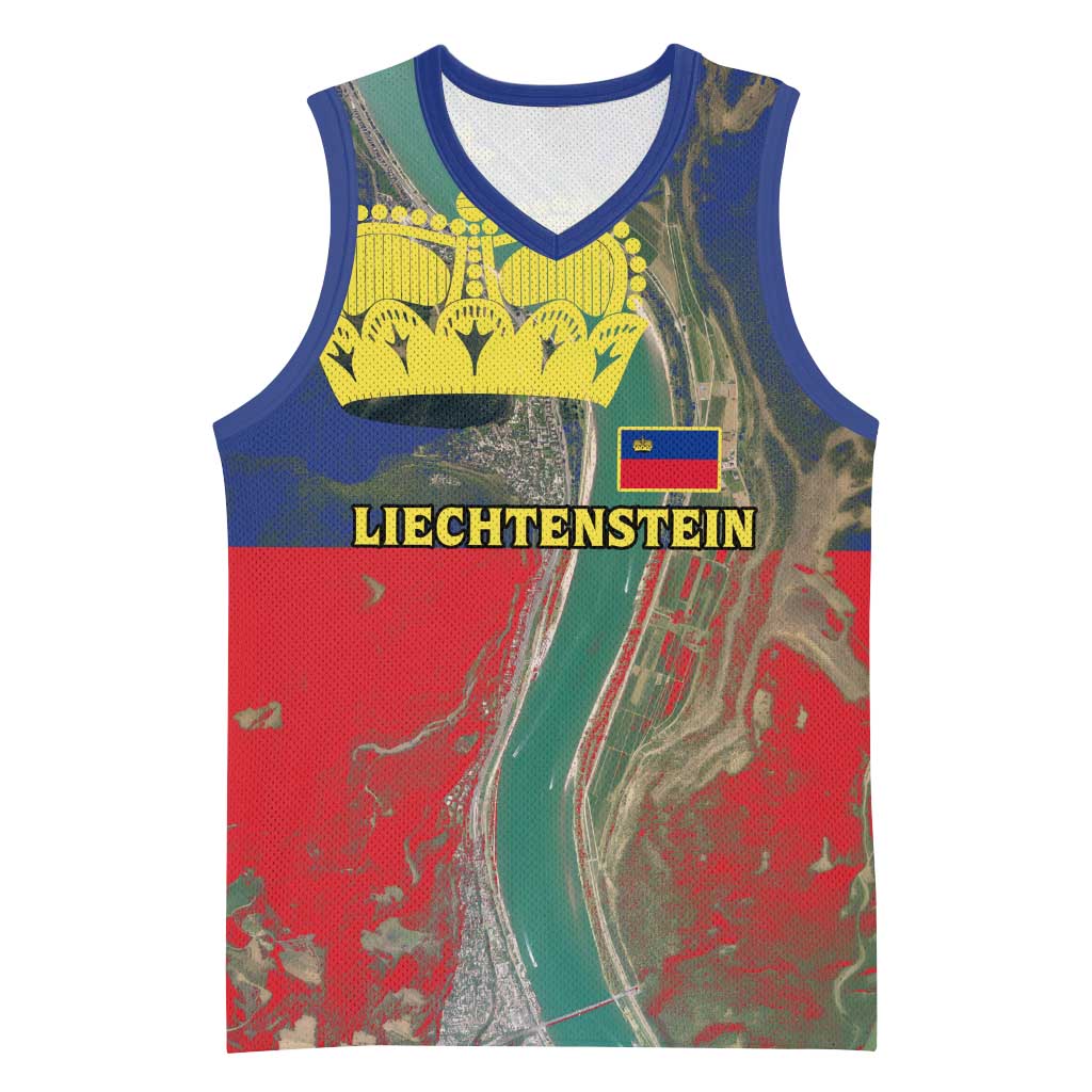 Liechtenstein Basketball Jersey with Red Blue Aerial River Design and Yellow Crown Emblem - Wonder Print Shop