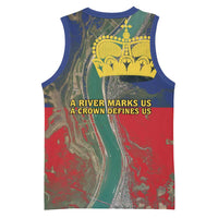Liechtenstein Basketball Jersey with Red Blue Aerial River Design and Yellow Crown Emblem - Wonder Print Shop