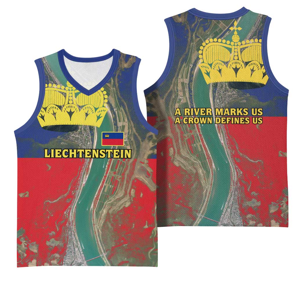 Liechtenstein Basketball Jersey with Red Blue Aerial River Design and Yellow Crown Emblem - Wonder Print Shop