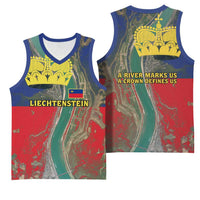 Liechtenstein Basketball Jersey with Red Blue Aerial River Design and Yellow Crown Emblem - Wonder Print Shop