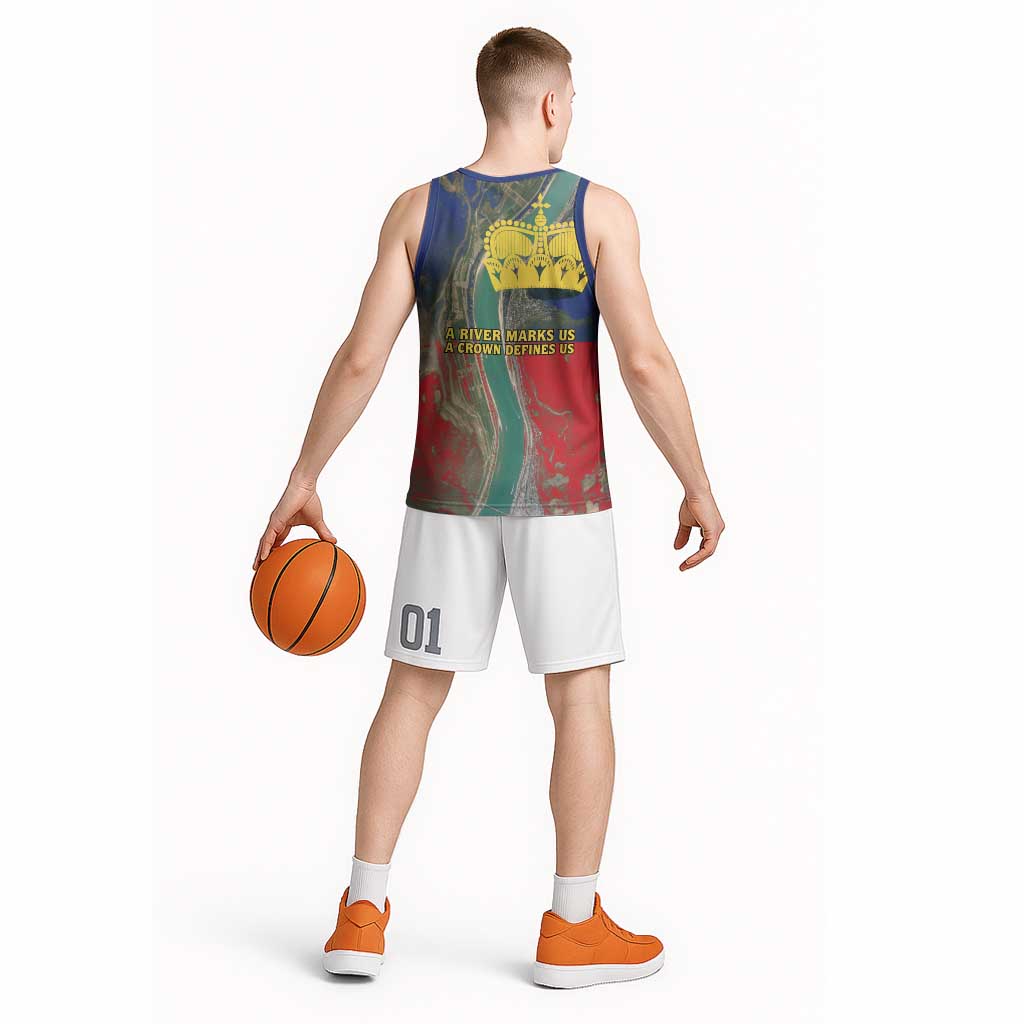 Liechtenstein Basketball Jersey with Red Blue Aerial River Design and Yellow Crown Emblem - Wonder Print Shop