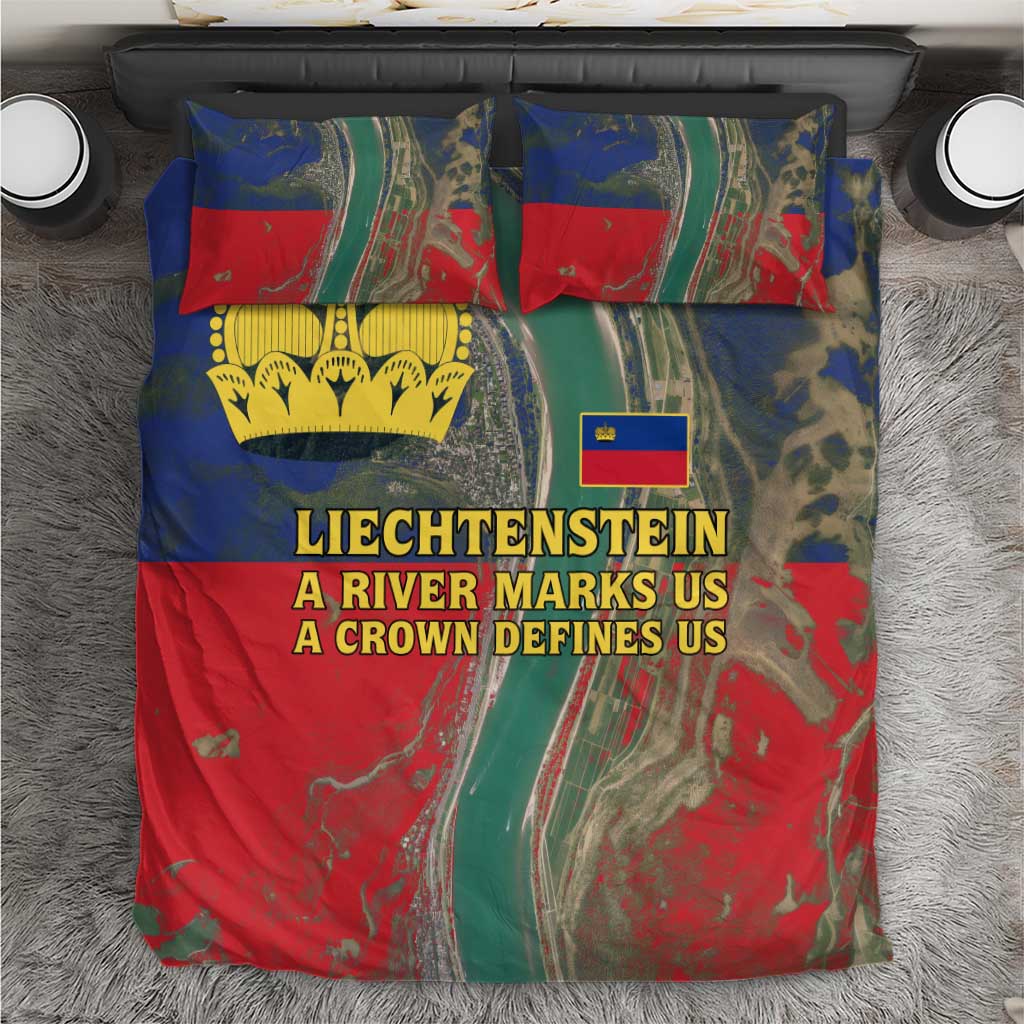 Liechtenstein Bedding Set with Red Blue Aerial River Design and Yellow Crown Emblem - Wonder Print Shop