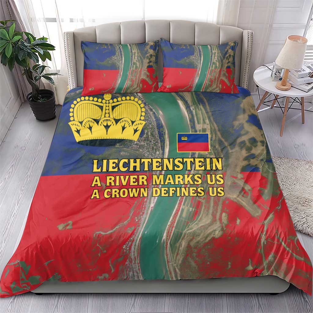 Liechtenstein Bedding Set with Red Blue Aerial River Design and Yellow Crown Emblem - Wonder Print Shop