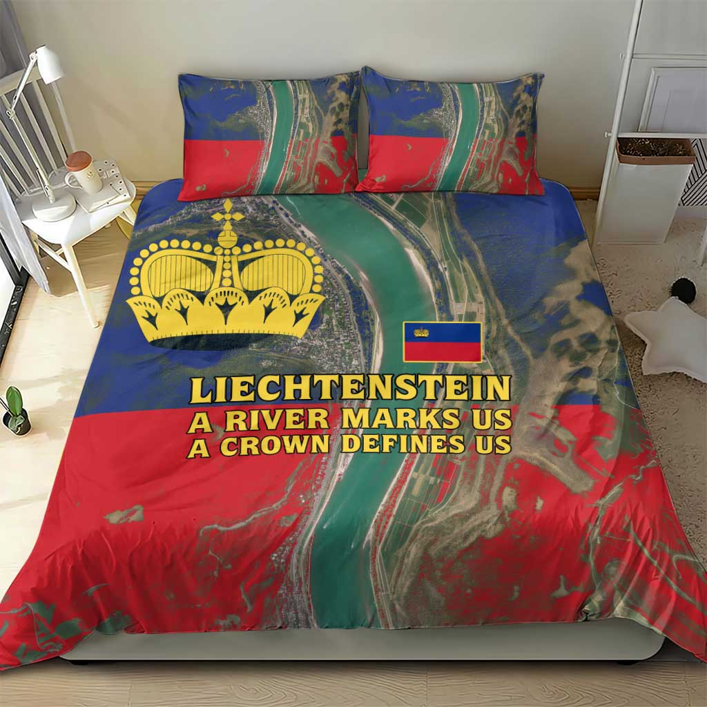 Liechtenstein Bedding Set with Red Blue Aerial River Design and Yellow Crown Emblem - Wonder Print Shop