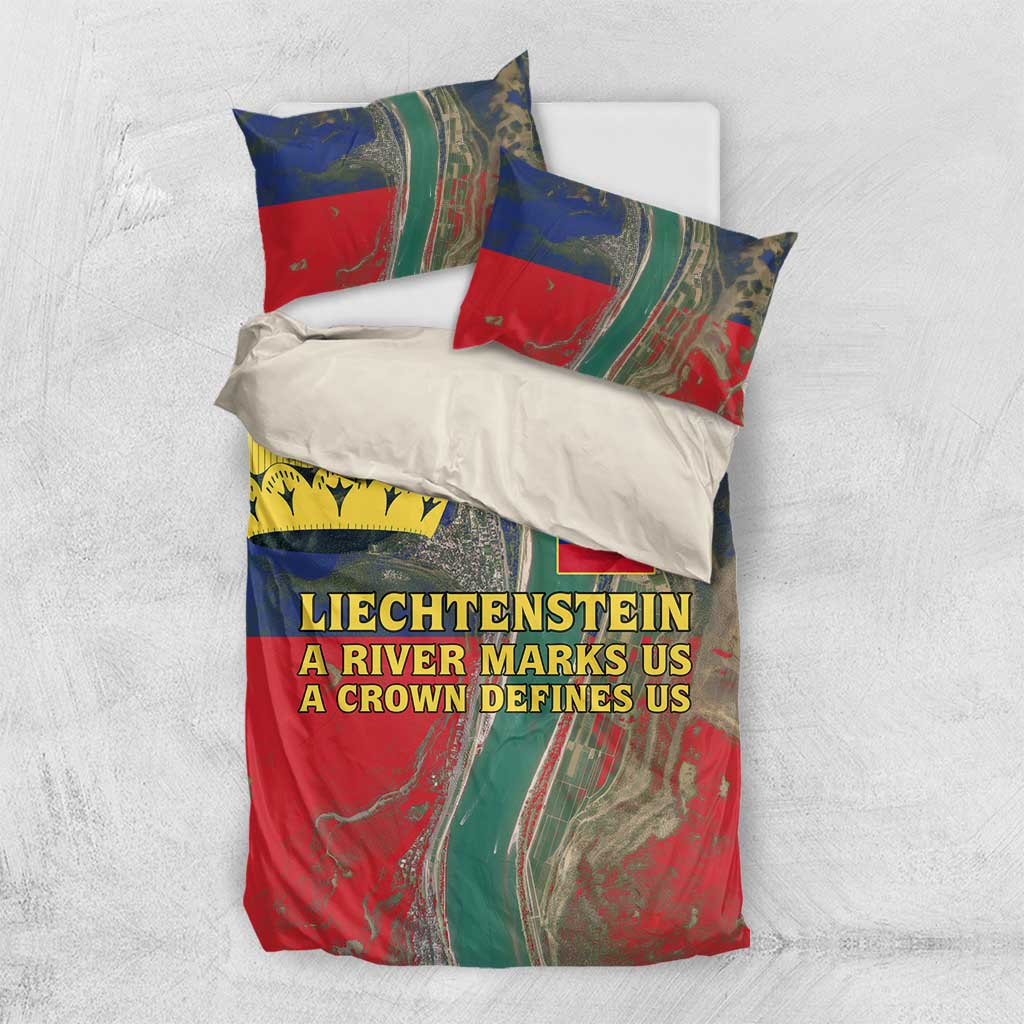 Liechtenstein Bedding Set with Red Blue Aerial River Design and Yellow Crown Emblem - Wonder Print Shop