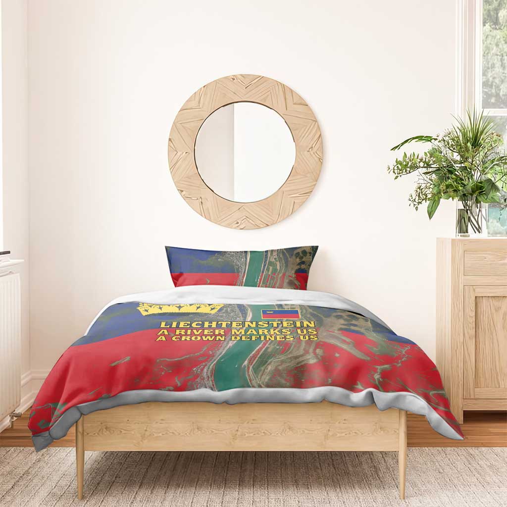 Liechtenstein Bedding Set with Red Blue Aerial River Design and Yellow Crown Emblem - Wonder Print Shop