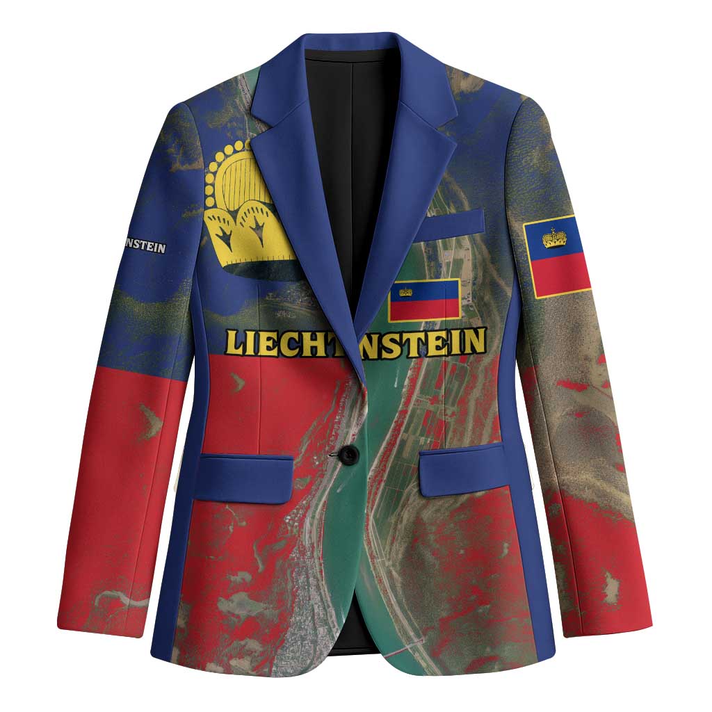 Liechtenstein Blazer with Red Blue Aerial River Design and Yellow Crown Emblem - Wonder Print Shop