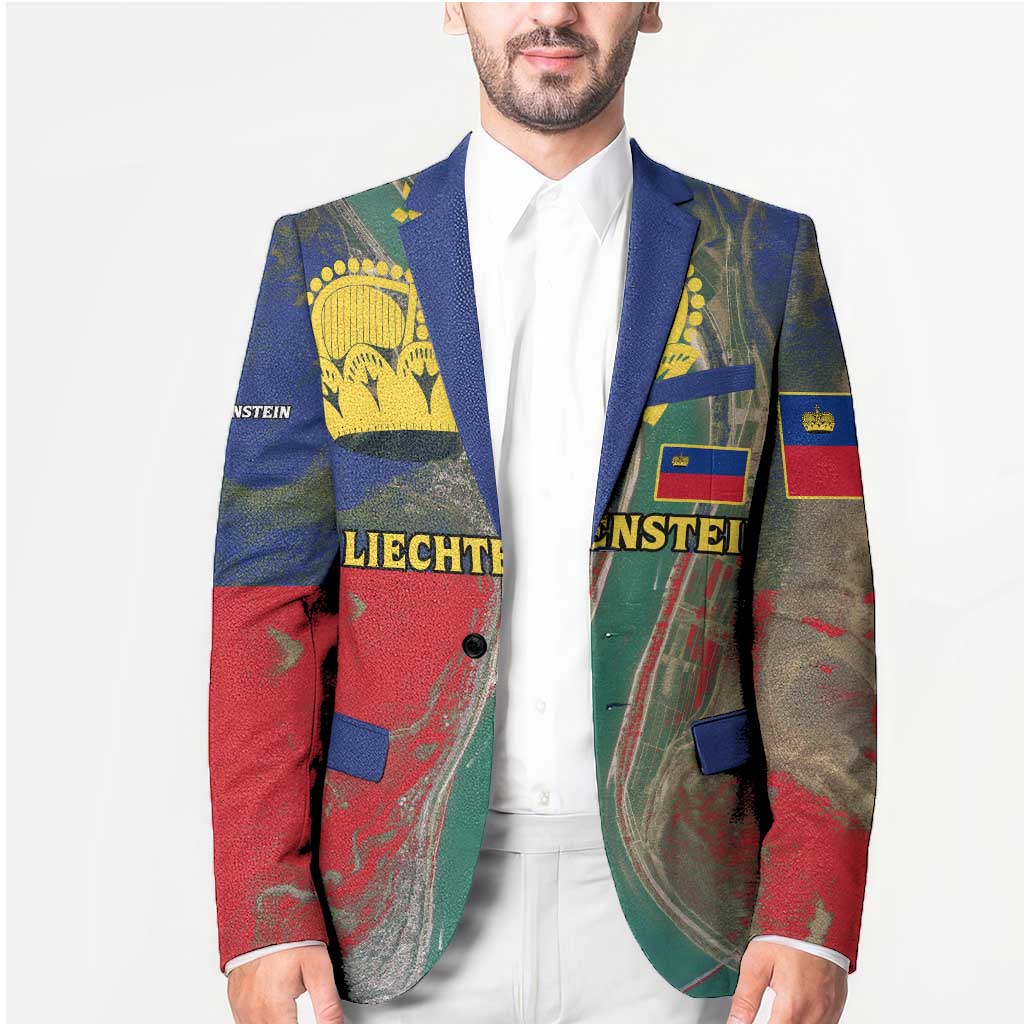 Liechtenstein Blazer with Red Blue Aerial River Design and Yellow Crown Emblem - Wonder Print Shop