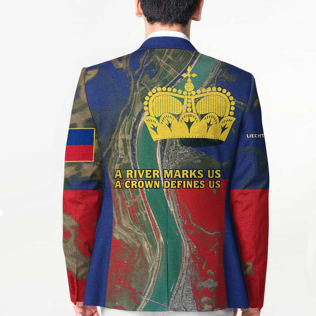Liechtenstein Blazer with Red Blue Aerial River Design and Yellow Crown Emblem - Wonder Print Shop