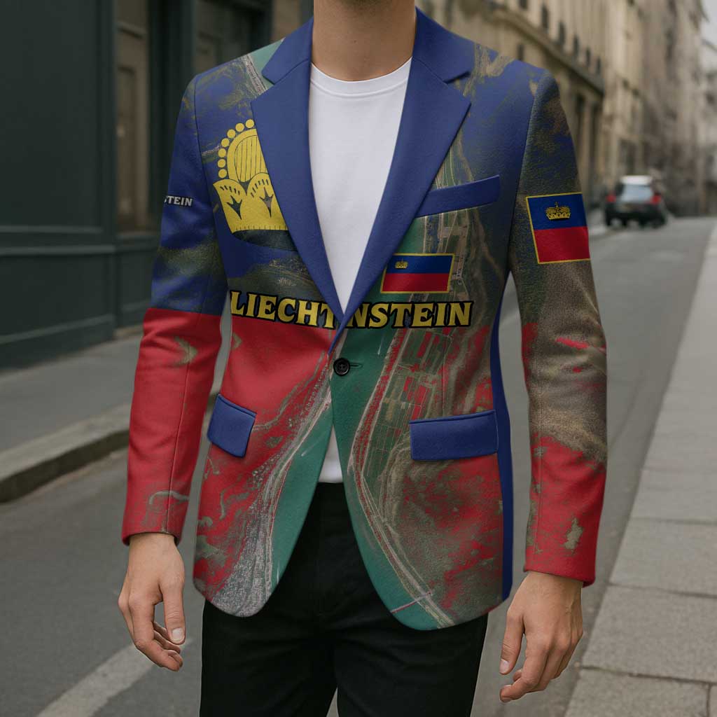 Liechtenstein Blazer with Red Blue Aerial River Design and Yellow Crown Emblem - Wonder Print Shop