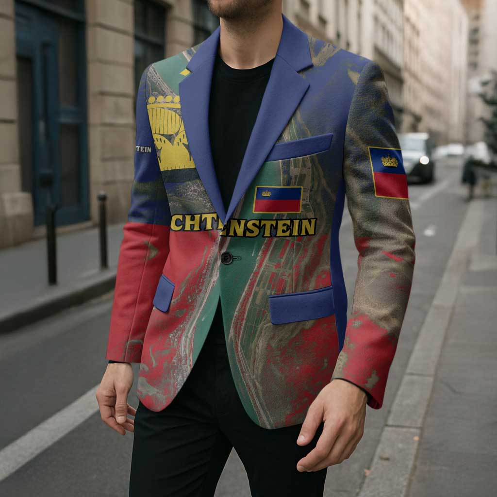 Liechtenstein Blazer with Red Blue Aerial River Design and Yellow Crown Emblem - Wonder Print Shop